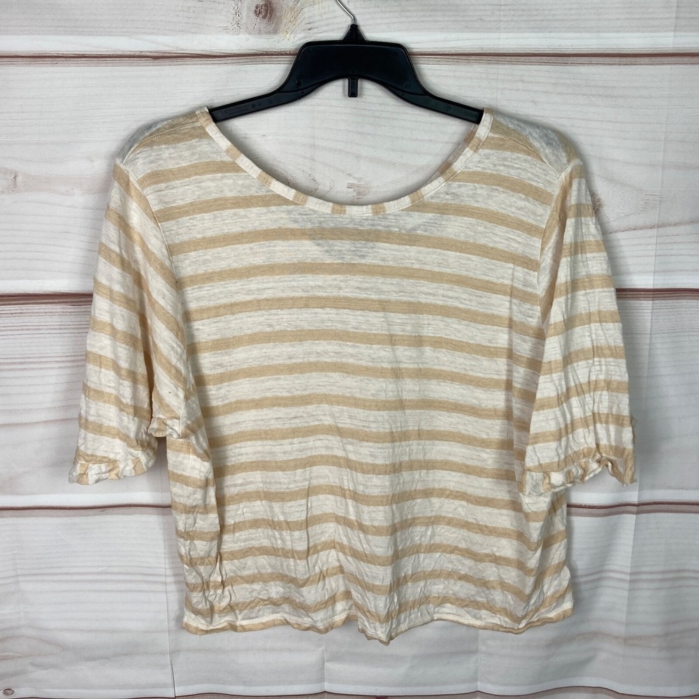 Wrap Top Women US 14 White Beige Stripe T-Shirt Linen Tie Back Short Sleeve Knit
